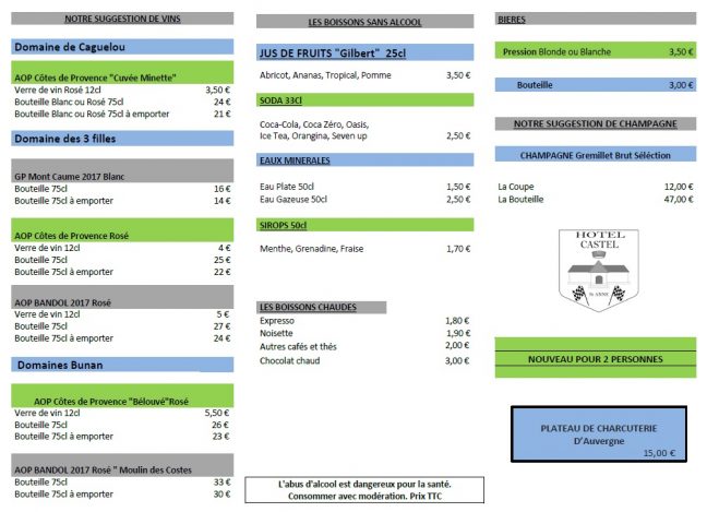 Le bar : carte des boissons